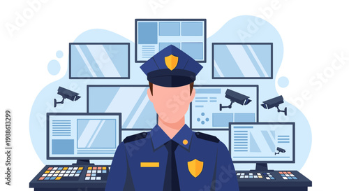 A vigilant police officer in a formal uniform stands before multiple glowing security monitors displaying live surveillance footage in a high-tech control room.