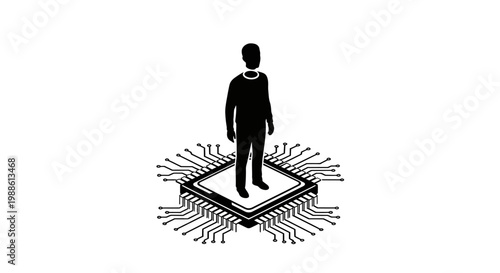 A man standing on a microchip.