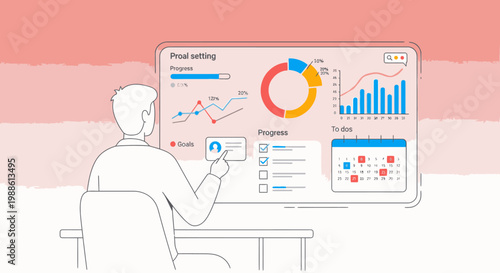 A man sits at a desk analyzing data on a large computer screen with various graphs and charts in a minimalistic workspace.