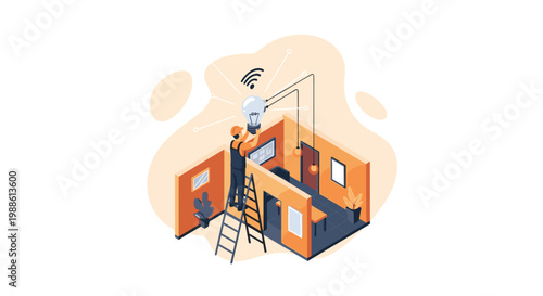 A maintenance worker on a ladder installs a large light bulb connected to a Wi-Fi signal symbol within a small, modern isometric office room environment.