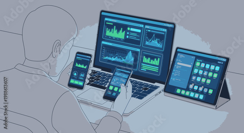 A man sits at a desk analyzing data on a large computer screen with various graphs and charts in a minimalistic workspace.