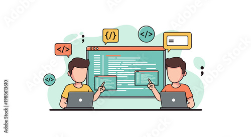 Two developers sit at desks with laptops pointing at a large central screen filled with complex programming code and various software development icons.