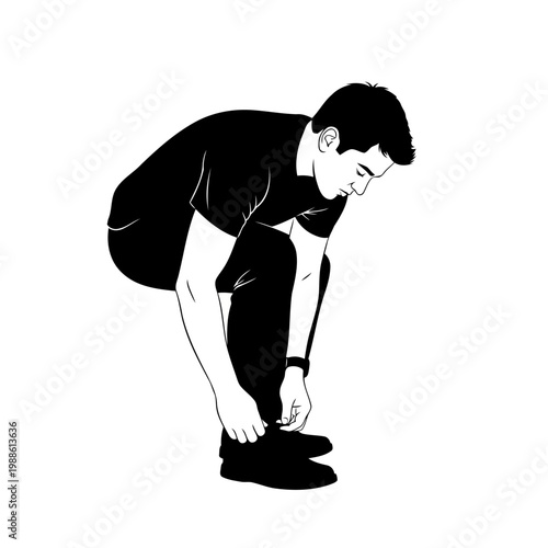 A man in black clothes tying his shoelaces on a white background