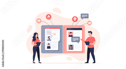 Two professional colleagues collaborate on digital profile management tasks using tablet devices while interacting with floating icons in a bright setting.