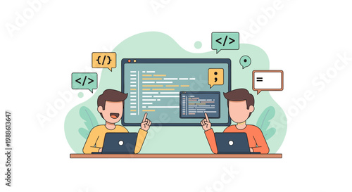 Two software developers enthusiastically discuss complex code snippets on a large monitor while working at their desks in a vibrant and friendly workspace.