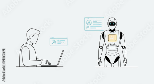 A man sits at a desk analyzing data on a large computer screen with various graphs and charts in a minimalistic workspace.