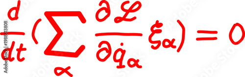 Red handwritten mathematical equation with summation symbol and partial derivatives, abstract physics formula isolated on white background for education use