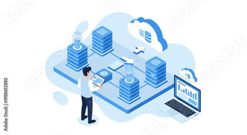 A technical specialist uses a tablet to manage complex database migration between server towers and a cloud storage service in a clean blue digital workspace.