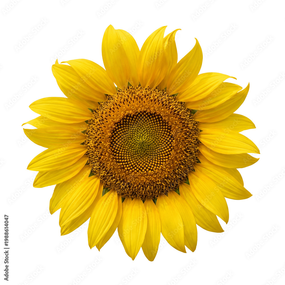 Obraz premium Beautiful yellow sunflower blooming with a detailed center, isolated on a white background, symbolizing summer and happiness in nature
