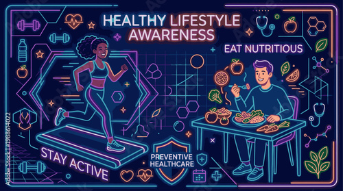 Digital illustration of a woman running on a treadmill and a man eating nutritious food with a dark blue background and neon-colored graphics promoting healthy lifestyle awareness.
