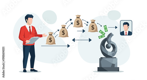 A man in a red sweater presents a financial flow of money bags moving toward a geometric sculpture in a bright space with soft blue and grey color tones.