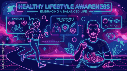 Neon-lit illustration of a man eating salad and woman running with exercise, nutrition, and preventative healthcare icons in a futuristic background with a healthy lifestyle awareness theme.