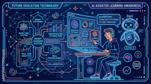 Neon-lit illustration of a student using a laptop surrounded by educational technology and AI-assisted learning graphics on a dark blue background with futuristic lines and symbols.