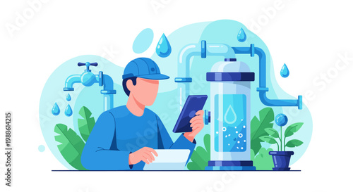 A skilled technician wearing a blue cap uses a tablet to monitor a water filtration system with pipes and plants in a bright clean industrial environment.