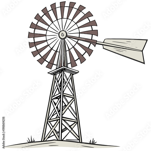 Billede på lærred A detailed illustration depicts a classic american windmill standing prominently