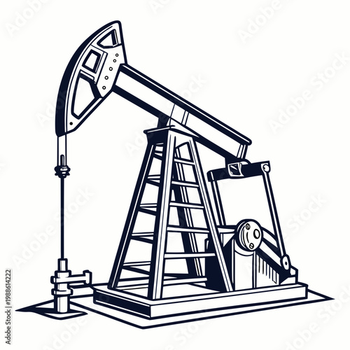 An illustrative monochrome depiction of a classic oil pump rig commonly known as a horsehead stands prominently in the image high quality