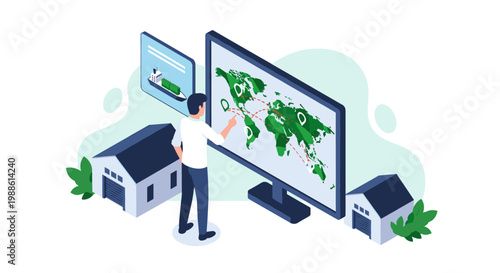 A professional man in a crisp white shirt interacts with a large digital monitor displaying a global map with complex shipping logistics routes and nodes.