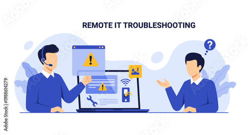 A professional technician wearing a headset points to a laptop screen displaying critical error messages while a user looks on with a confused expression.