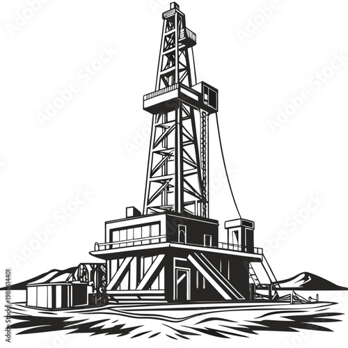 A detailed black and white illustration depicts a towering oil drilling rig situated on a slightly undulating landscape high quality professional modern