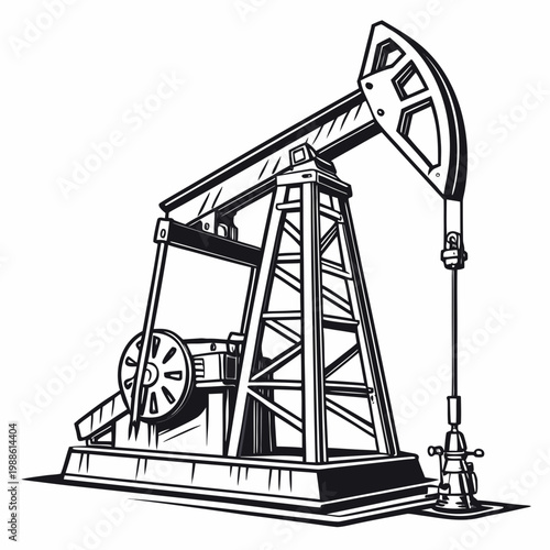 A detailed black and white illustration depicts a classic oil pump also known as a rocking horse in a vintage engraving style