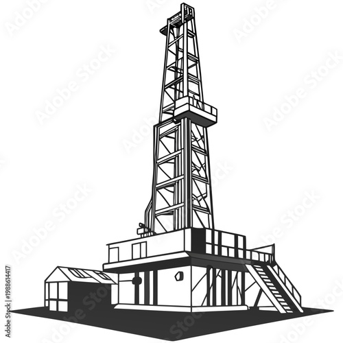 A detailed black and white illustration showcases a towering oil drilling rig structure with supporting buildings and access stairs high quality professional