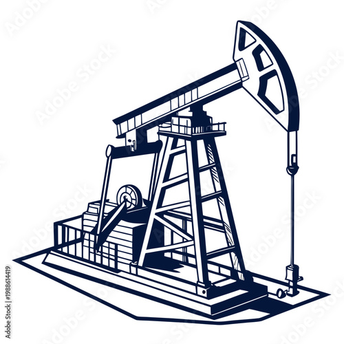 A detailed illustration depicts a classic oil pump jack commonly known as a rocking horse in a monochromatic style high quality professional