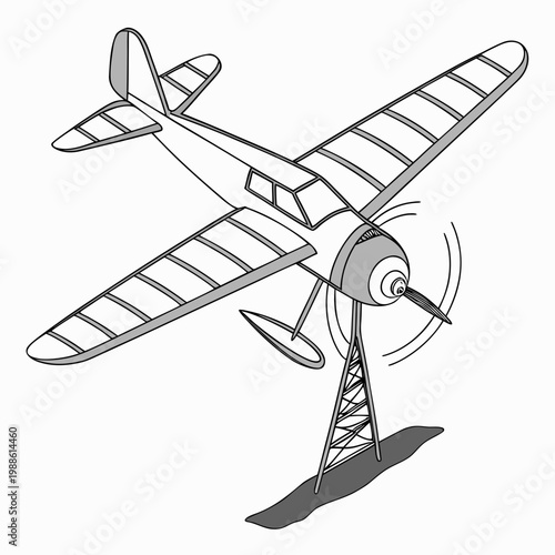 A detailed black and white line drawing depicts a vintage biplane airplane with visible structural details and a landing gear high quality