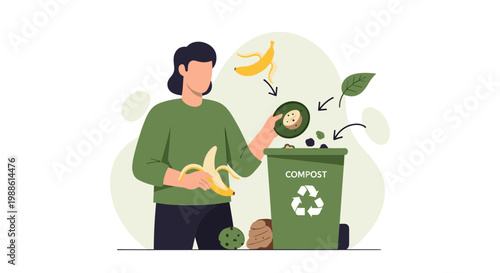 A person carefully places organic food scraps into a green compost bin surrounded by icons of banana peels and leaves in a bright and eco-friendly setting.