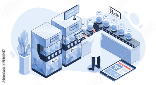 An isometric view of a pharmacy dispensing machine features a scientist interacting with a digital interface while medicine bottles move on a conveyor.