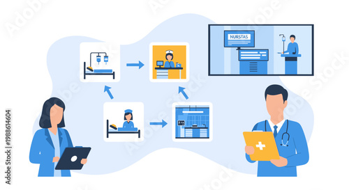 A woman holding a tablet and a man with a clipboard observe a detailed medical infographic flow featuring hospital icons in a bright, clinical environment.