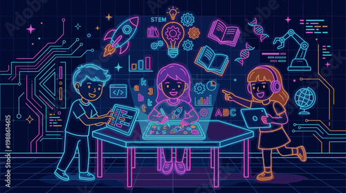 Neon-lit illustration of three children collaborating over a table with laptops and educational icons floating above in a dark room with circuit board patterns.