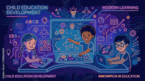 Illustration of diverse children engaged in interactive learning with digital tools and educational icons on a futuristic interface with a dark blue background and neon accents.