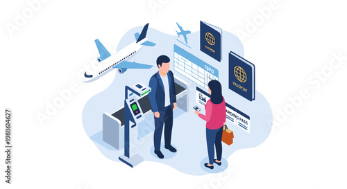 A man and woman stand at an automated airport check-in kiosk with passports and a boarding pass in a bright, modern, and efficient travel environment.