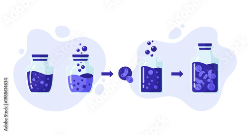 A vibrant laboratory experiment features bubbling purple liquid inside clear glass beakers while organic cells float within a pristine sterile environment.