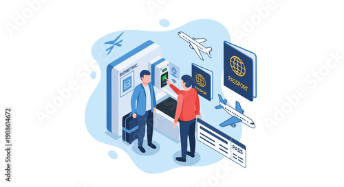 A modern isometric airport biometric scanning station facilitates fast passenger processing with digital passports and airplanes on a light blue background.