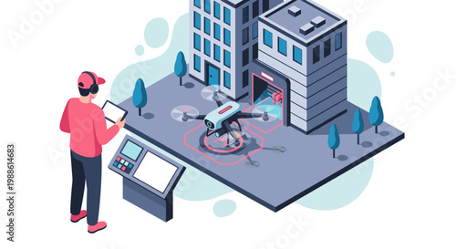 A skilled operator uses a digital tablet to control a sophisticated delivery drone near a modern warehouse building in an isometric urban environment set.
