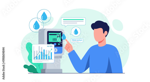 A man interacts with a digital water meter kiosk featuring floating water drop icons and a bar chart indicating savings in a bright and clean modern environment.