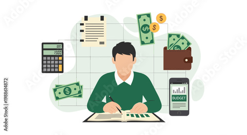 A meticulous professional man in a green sweater calculates personal finances while working at a clean desk with floating money icons and digital tools.