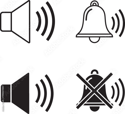 A set of four icons representing sound and notification symbols on a white background