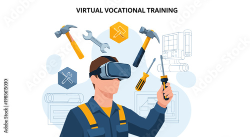 A technician wearing a modern VR headset performs virtual vocational training while surrounded by floating 3D icons of various construction hand tools.