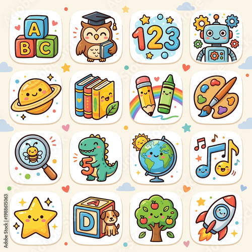 Cartoon School Education Icons Set Vector Illustration for Kids Learning and Preschool Apps
