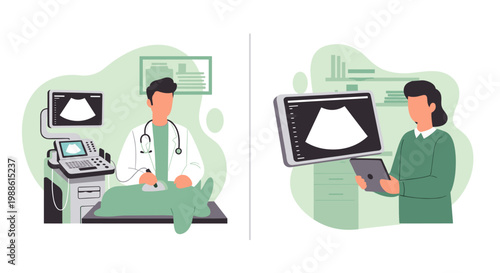 A veterinarian performs a precise ultrasound scan on an animal while a technician reviews the diagnostic imagery on a tablet in a modern clinic office.