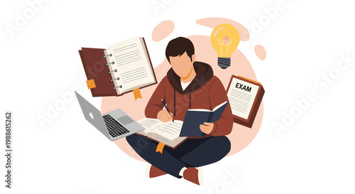 A diligent student studies with intense focus while surrounded by open textbooks and a glowing lightbulb in a soft, warm-toned, minimalist workspace setting.