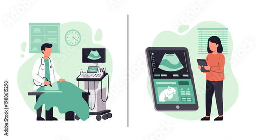 A professional doctor performs a precise ultrasound examination on a patient in a sterile, modern clinic setting with soft, clinical, and calming color tones.