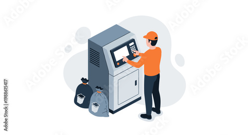 A diligent industrial worker operates a complex automated machine while standing beside two heavy filled sacks in a spacious and clean factory environment.