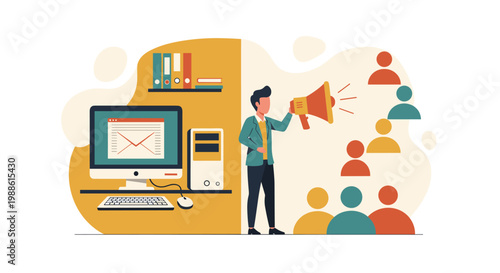 A focused marketing specialist uses a megaphone to address a diverse audience while managing digital email outreach from a nearby computer workstation desk.