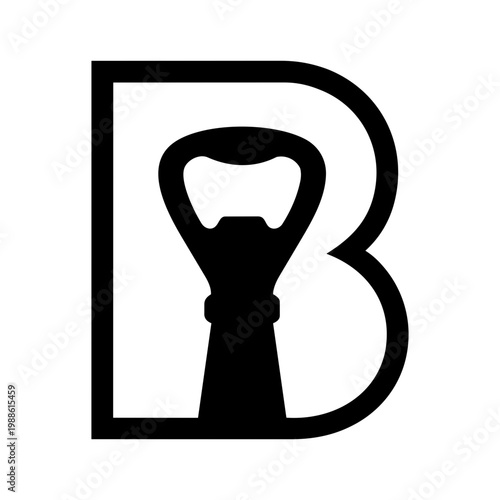 Black and White Bottle Opener Logo Design Featuring Unique Letter B Shape