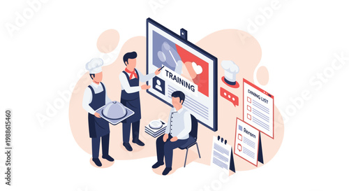 Two experienced restaurant staff members provide comprehensive training to a new employee in front of a digital display in a bright professional kitchen.