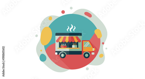 A vibrant food truck with a striped awning and rising steam sits centered within a dynamic, colorful abstract shape background for culinary branding uses.