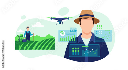 A modern farmer in a hat uses a drone and digital data overlays to monitor crop health with charts and graphs in a lush, green agricultural field.